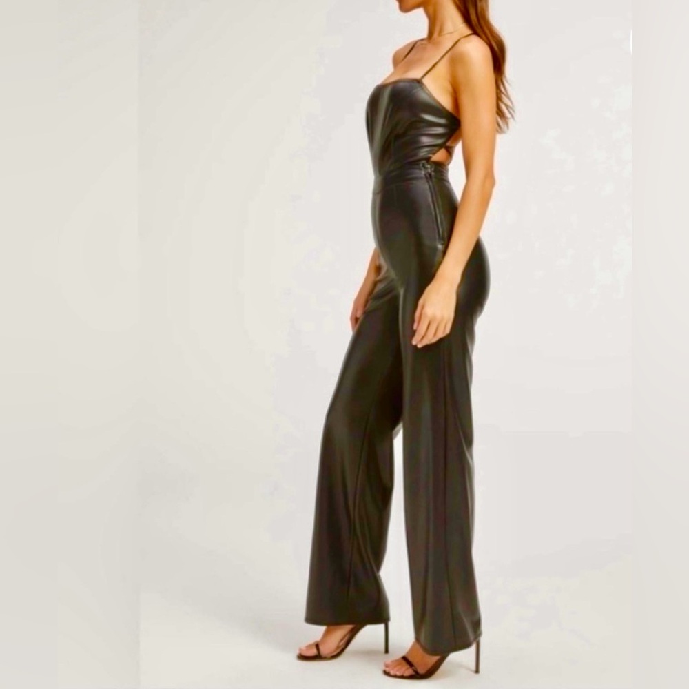 Good American Black Leather Backless Wide Leg Jumpsuit Size Large New With Tags